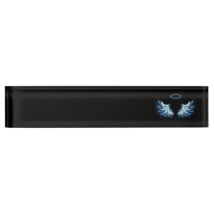 Porte-nom Blue Glowing Angel Wings on black background