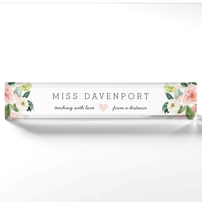 Porte-nom Blush Rose Floral Distance Apprentissage enseignan (Devant)