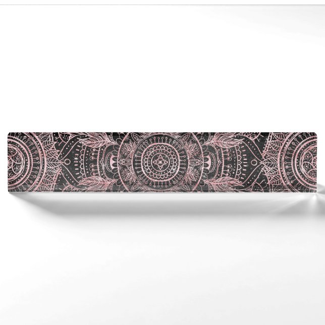 Porte-nom Boho Rose Gold Grey Mandala Design élégant (Devant)