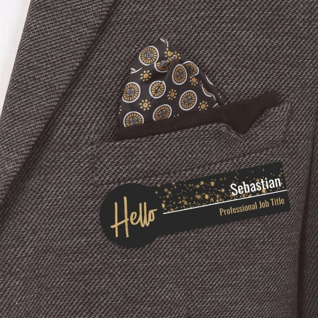 Porte-nom Bonjour Faux Gold Bokeh Black & Gold Professional (business name tag)