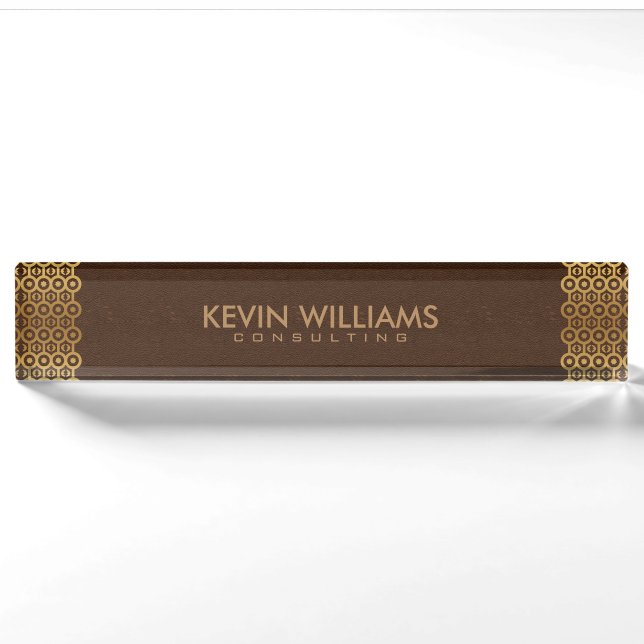 Porte-nom Bordure Brown en cuir or (Devant)