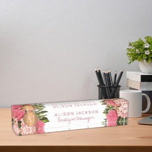 Porte-nom Boutique de fleurs rose pâle manager monogrammed
