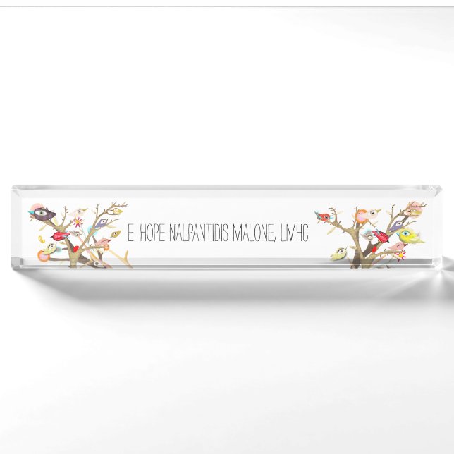 Porte-nom Bureau acrylique Nom Plaque Whimsy Birds (Devant)