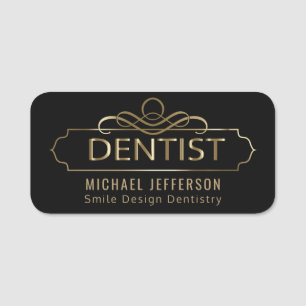 Porte-nom Bureau de dentiste - noir et or fleuris