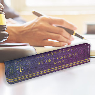 Porte-nom Bureau de l'avocat élégant échelle or cuir violet