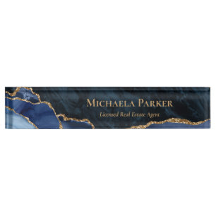 Porte-nom Bureau Immobilier Moderne Bleu Nuit Agate Dorée
