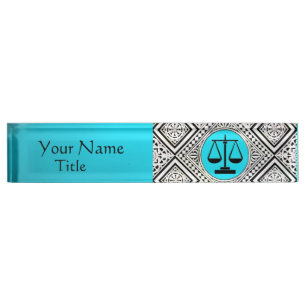 PORTE-NOM BUREAU JURIDIQUE, DAMASSÉ BLANCHE BLEUE TURQUOISE
