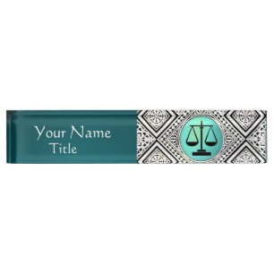 PORTE-NOM BUREAU JURIDIQUE, DAMASSÉ TURQUOISE DE BLANC DE