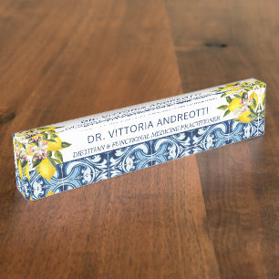 Porte-nom Cadeaux de bureau carreaux bleus et citrons thème
