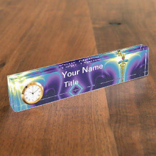 Porte-nom CADUCÉE d'OR, ametyst pourpre bleu vibrant
