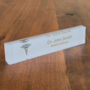 Porte-nom Caducée en or bleu Médicale fin