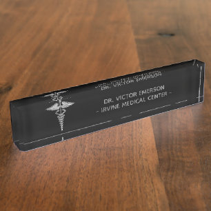 Porte-nom Caducée Médicale argenté sur le noir personnalisé