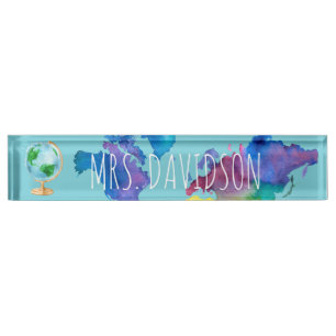Porte-nom Carte du monde aquarelle