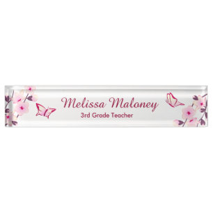 Porte-nom Cerise Fleur Papillon rose Blanc Enseignants