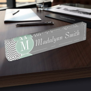 Porte-nom Charbon et menthe vert Chevrons sur mesure Monogra