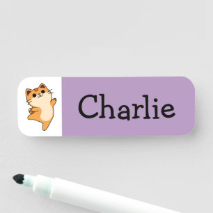 Porte-nom Chat Dessiné Orange, Personnalisé, Violet