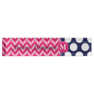 Porte-nom Chaud rose et Navy Chevron Zigzag Pois Monogramme