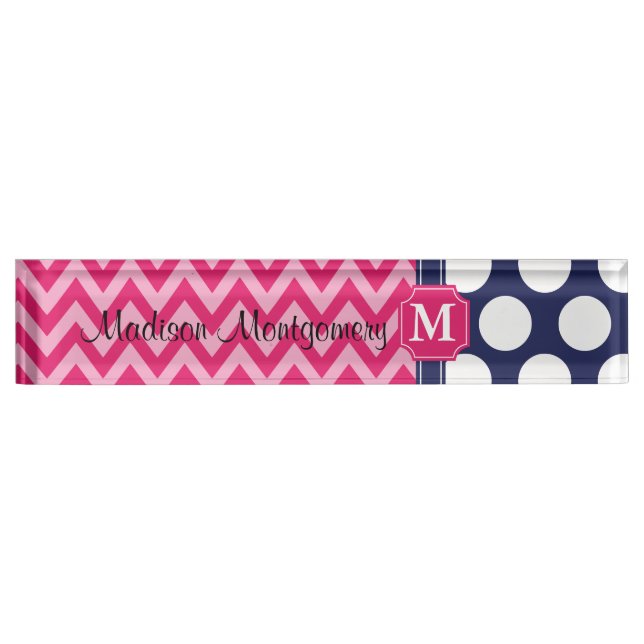 Porte-nom Chaud rose et Navy Chevron Zigzag Pois Monogramme (Devant)