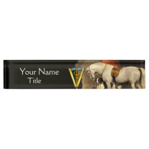 Porte-nom Cheval blanc avec chien / SYMBOLE VÉTÉRINAIRE CADU