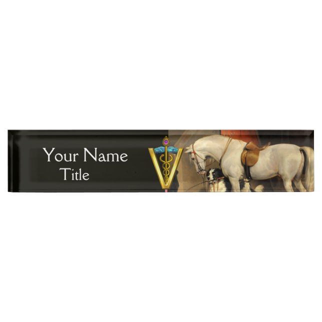 Porte-nom Cheval blanc avec chien / SYMBOLE VÉTÉRINAIRE CADU (Devant)