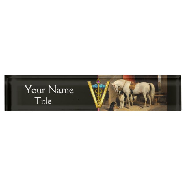 Porte-nom Cheval blanc avec chien / SYMBOLE VÉTÉRINAIRE CADU (Devant)