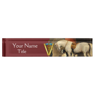 Porte-nom Cheval blanc avec chien / SYMBOLE VÉTÉRINAIRE CADU