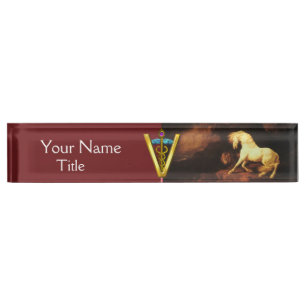 PORTE-NOM CHEVAL BLANC ET LION / SYMBOLE VÉTÉRINAIRE CADUCUS