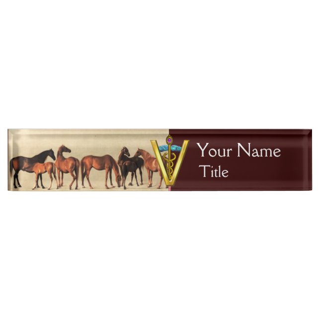 PORTE-NOM CHEVAUX/MARES ET FOALS SYMBOLE VÉTÉRINAIRE CADUCE (Devant)