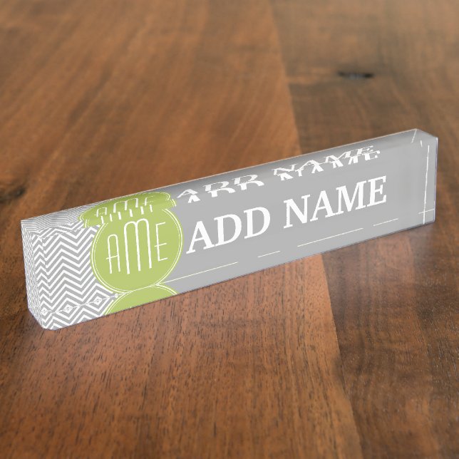 Porte-nom Chevrons gris et citron vert avec Monogramme perso (Taille)