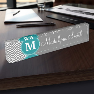 Porte-nom Chevrons Turquoise et Charbon Monogramme personnal