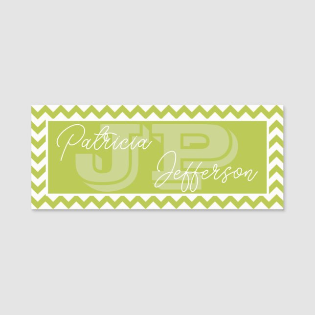 Porte-nom Chic Apple Green Chevron Motif : Élégant Monogramm (Devant)