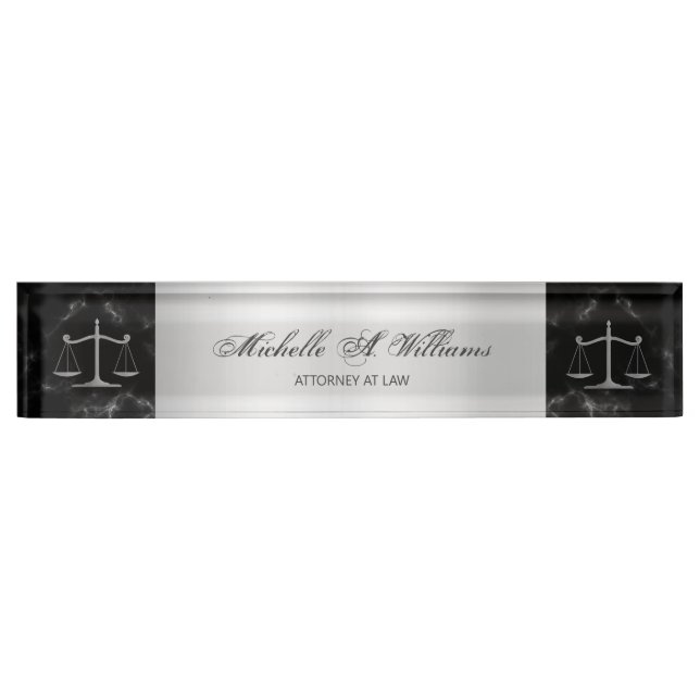 Porte-nom Chic Black Marble Argent Scales de justice Avocat (Devant)