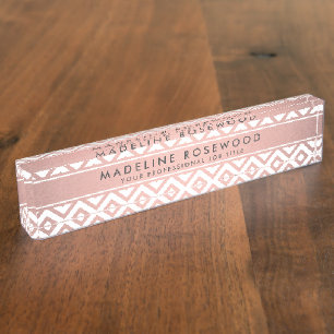 Porte-nom Chic Girly Rose Rose Or Chevron Monogrammé