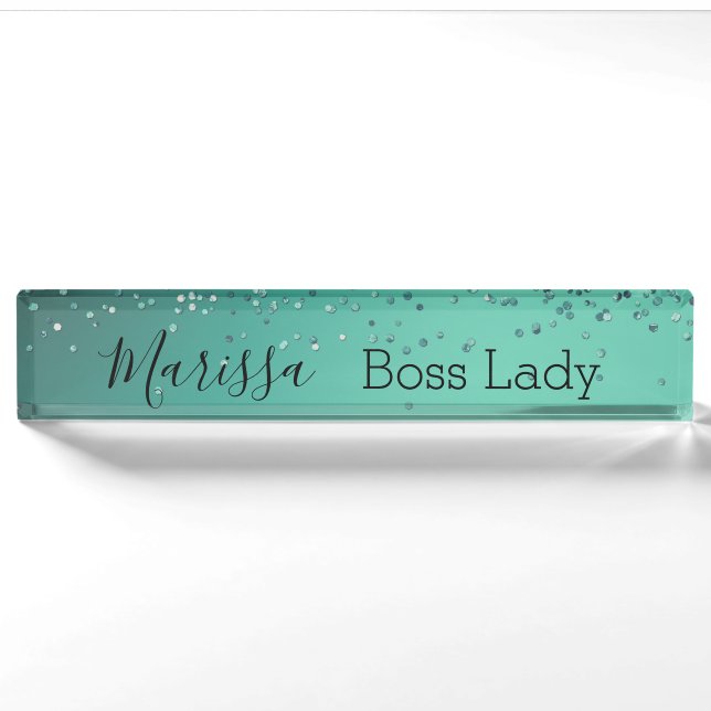 Porte-nom Chic Glitterie Turquoise Personnalisé Boss Lady (Devant)