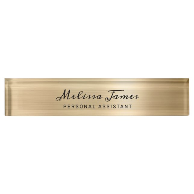 Porte-nom Chic Gold brossé métal moderne Script noir (Devant)