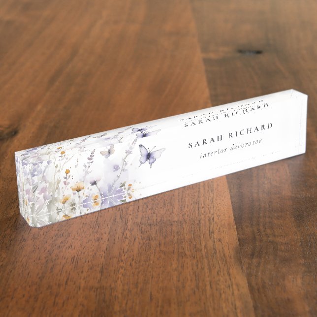 Porte-nom Chic Lilac Purple Fleur sauvage Papillon Aquarelle (Taille)