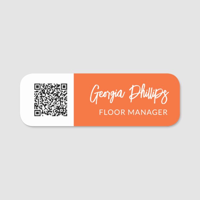 Porte-nom Citrouille Orange Blanc QR Code Brush Script (Devant)
