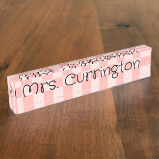 Porte-nom Clair Pink Check Monoline Script enseignant