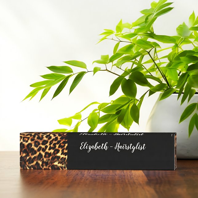 Porte-nom Coiffeur Monogramme Léopard Élégant Tendance (Créateur téléchargé)