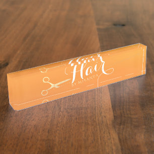 Porte-nom Coiffeur Salon de maquillage Chic Orange Ciseaux o