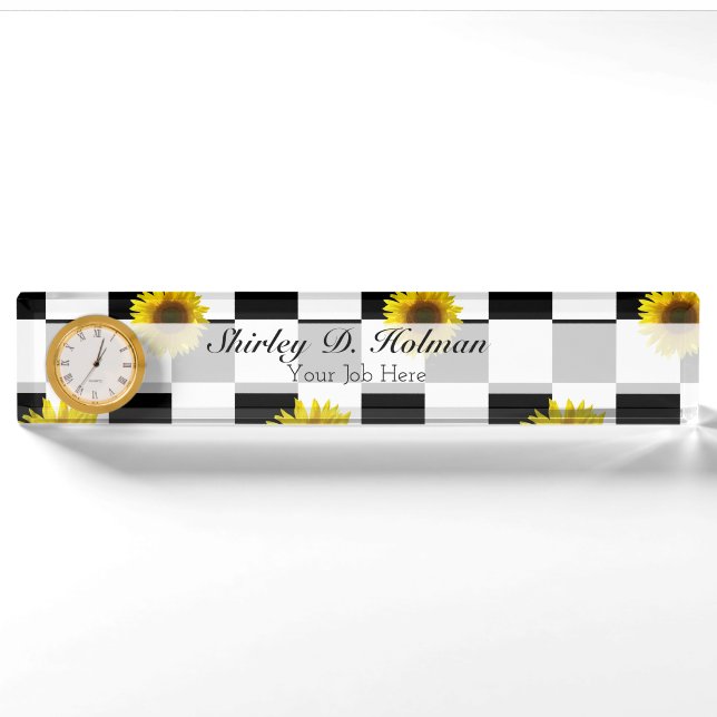 Porte-nom Copie noire et blanche Checkered et de tournesol (Devant)