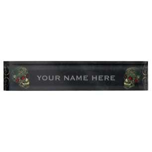 Porte-nom Crâne de araignée orné de joyaux et roses Glam Got
