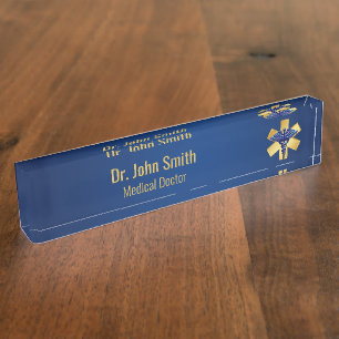 Porte-nom Croix d'or bleue Médicale 3D Caduceus