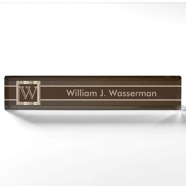 Porte-nom Cuir Monogramme Chocolat Haut De Gamme (Devant)