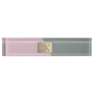 Porte-nom Cuir Vert Rose Élégant Monogramme