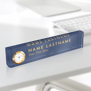 Porte-nom Custom Modern Navy Blue Jaune Nom Plaque Horloge