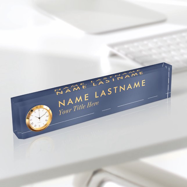 Porte-nom Custom Modern Navy Blue Jaune Nom Plaque Horloge (Créateur téléchargé)