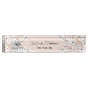 Porte-nom Cute Owl Cherry Blossom Rose Gold Parties scintill