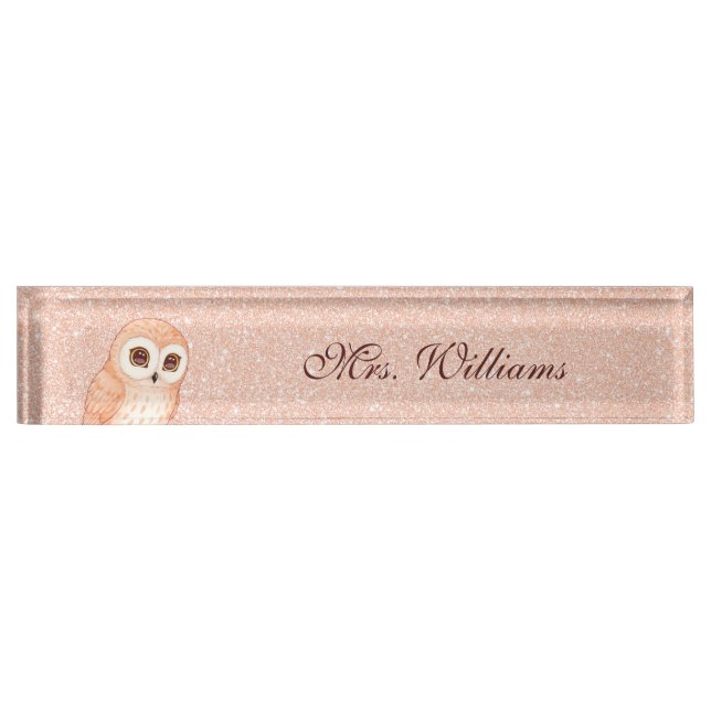Porte-nom Cute Owl Rose Gold Glitter Teacher  (Devant)