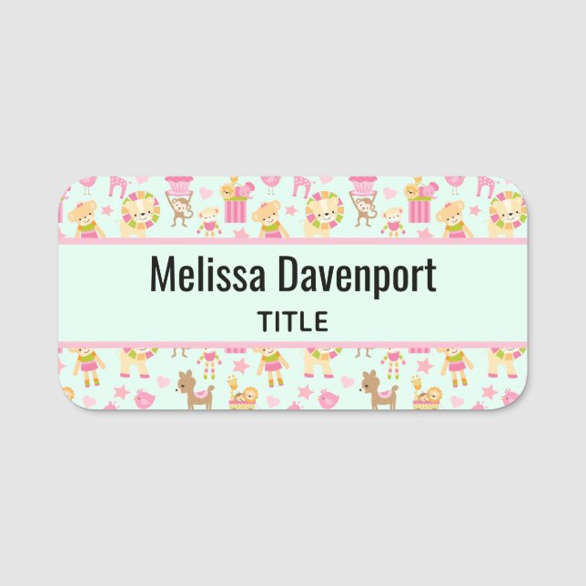 Porte-nom Cute Pattern avec Whimsical Animals & Toys (Devant)